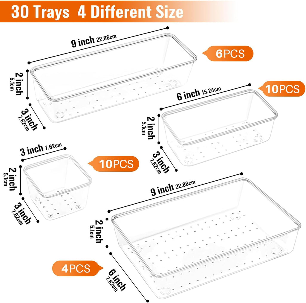 YFXCVSL Drawer Organizer Set - 30 PCS Clear Storage Bins for Makeup, Jewelry & Gadgets | 4 Sizes