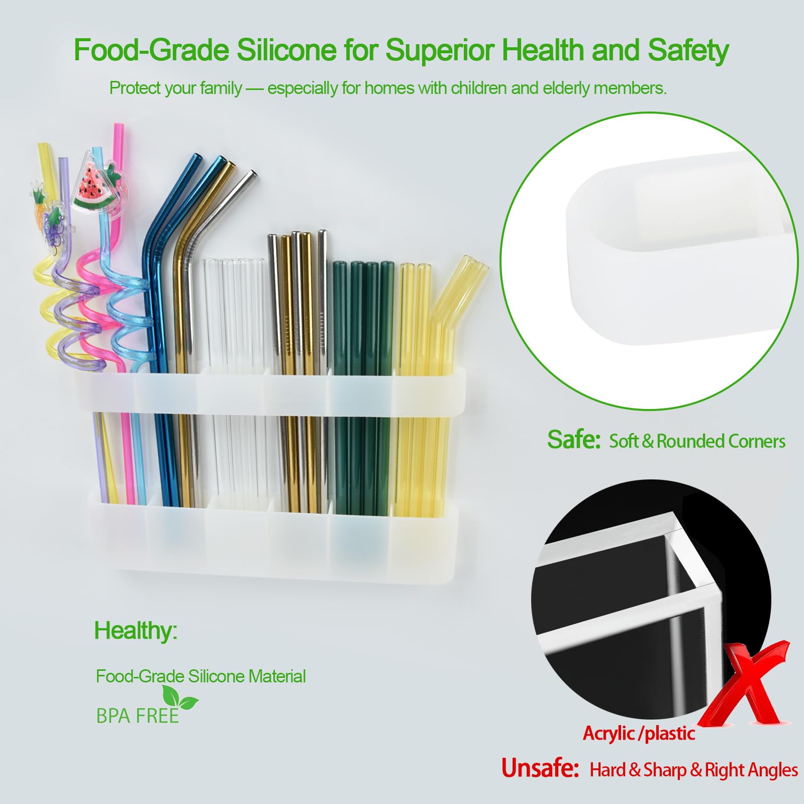 Straw Holder for Cabinet Door, Silicone Straw Organizer for Cabinet Door, Kitchen Cabinet Organizer Reusable Straws Dispenser for Home Kitchen Accessories (Transparent)