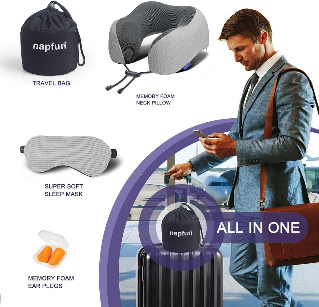 Napfun Neck Pillow - Memory Foam Travel Pillow with Pouch, Sleep Mask & Earplugs | Light Gray Striped Set