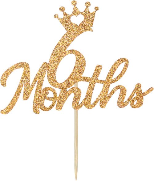 Gold Glittery Cake Topper by [Brand Name] - Perfect for Baby's 6-Month Birthday Celebration | Elegant Half-Year Decor