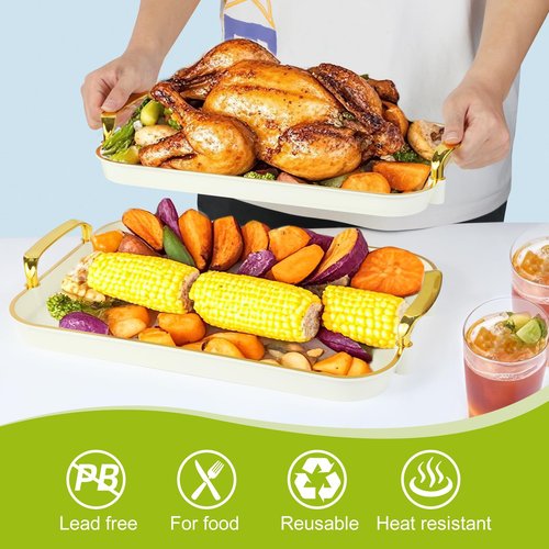 Zufudo 3 Pack Serving Tray with Handles, Stackable Reusable Trays for Serving Food, Plastic Serving Platters for Party, Charcuterie, Fruit, Appetizer, Cream Gold