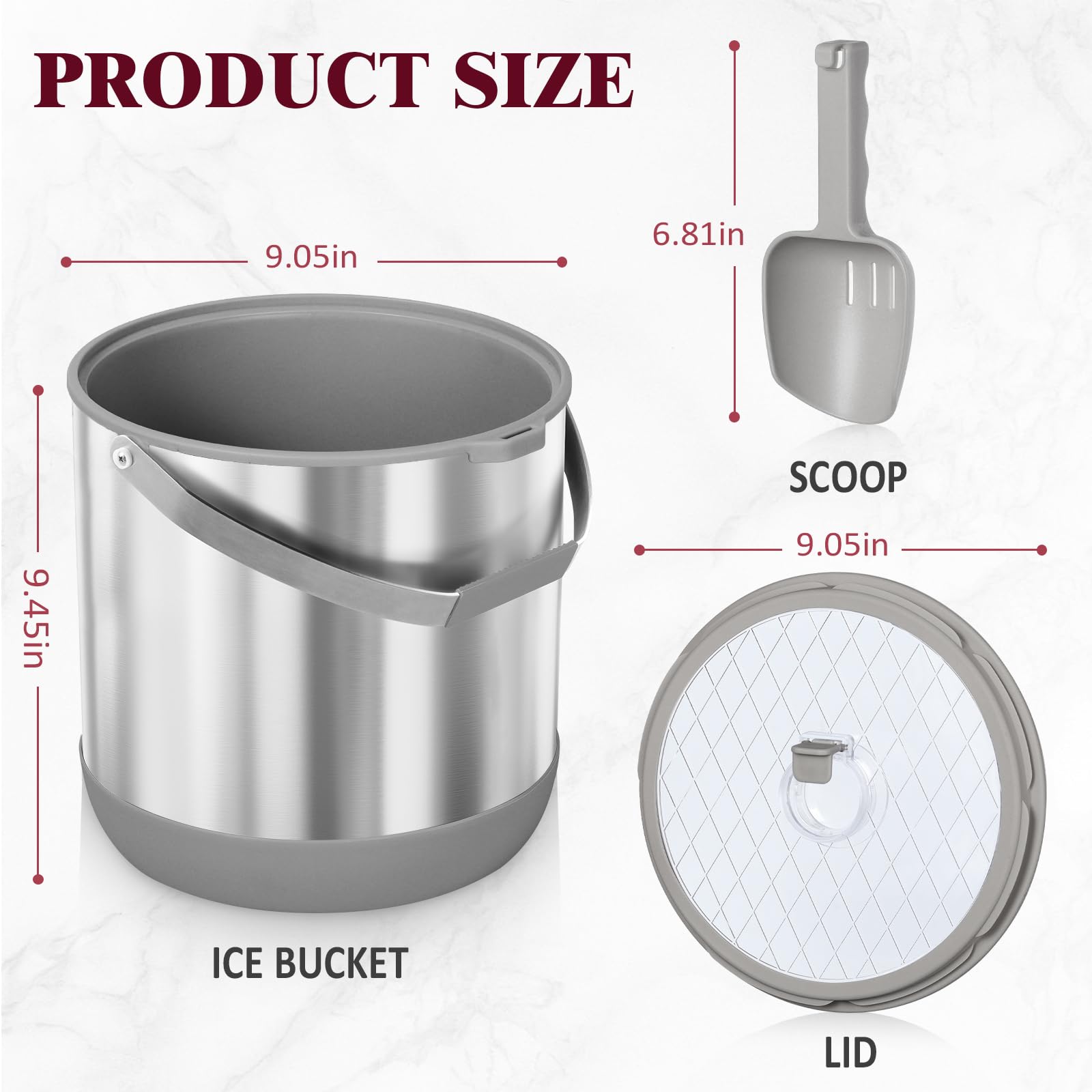 6.8L/7QT Insulated Ice Bucket with Lid & Scoop,Double-Wall Ice Bucket for Parties,Cocktail Bar(Grey)