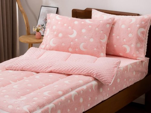 Aimuan Kids Zippered Comforter Set - Moon & Star Glow in The Dark Fleece Zipper Bedding for Girls (Twin, Pink-White)