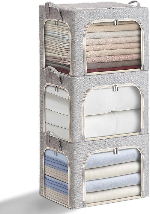Combocube Clothes Storage Bins - Stackable & Foldable with Zippered Openings | 3-Pack Linen Fabric with Clear Window
