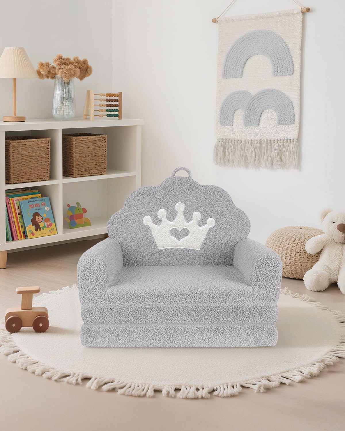 PIIKAGO 2-in-1 Kids Couch Fold Out, Soft Teddy Sherpa Toddler Couch with Crown Design, Convertible Kids Sofa to Lounger for Nap & Playtime, Cozy Children's Furniture for Boys & Girls, Grey