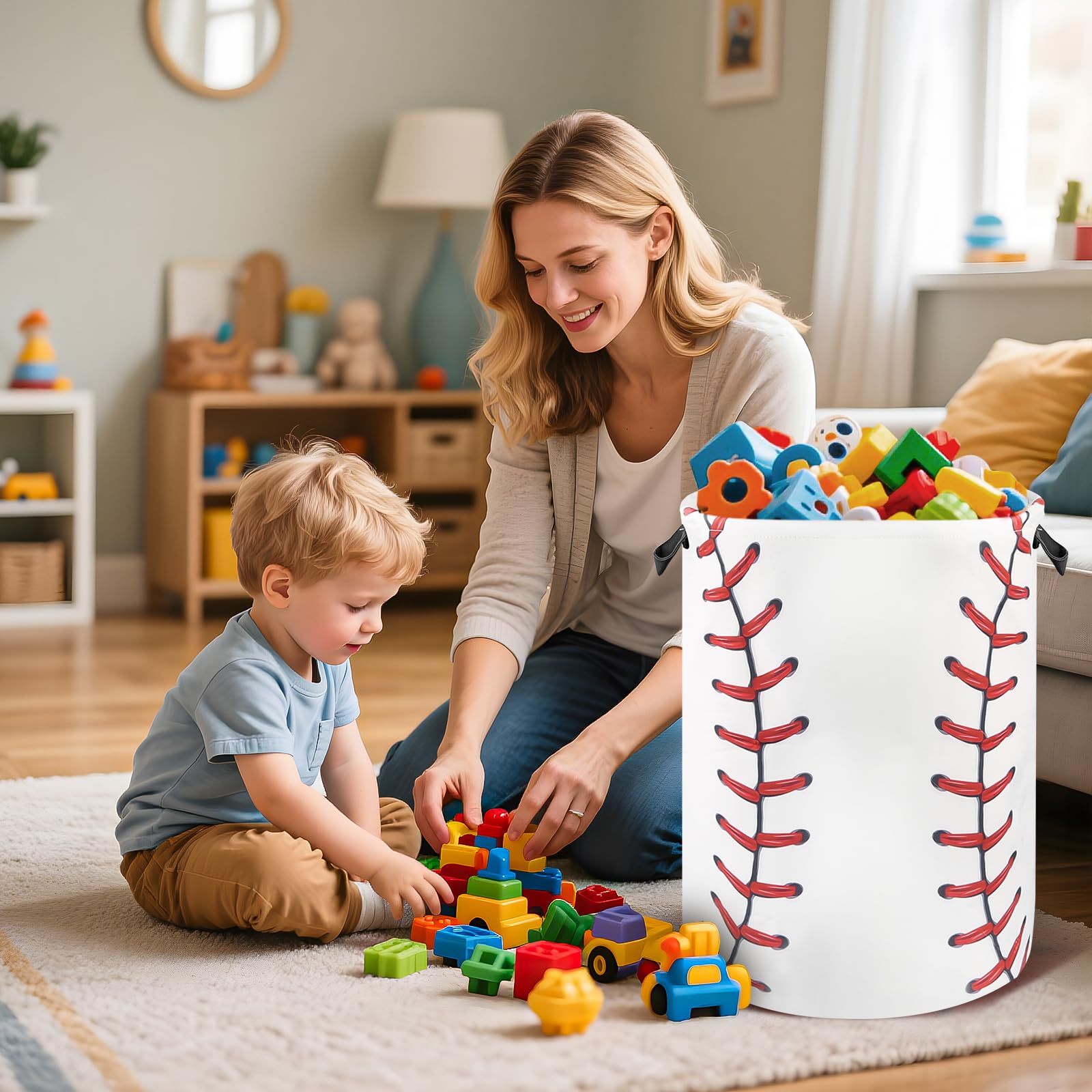 Baseball Laundry Basket for Boys Room Decor, Kids Nursery Hamper Gift for Bathroom Bedroom Sports Room Accessories, Teens Stuff Storage Bin, 17.71"x13.77"