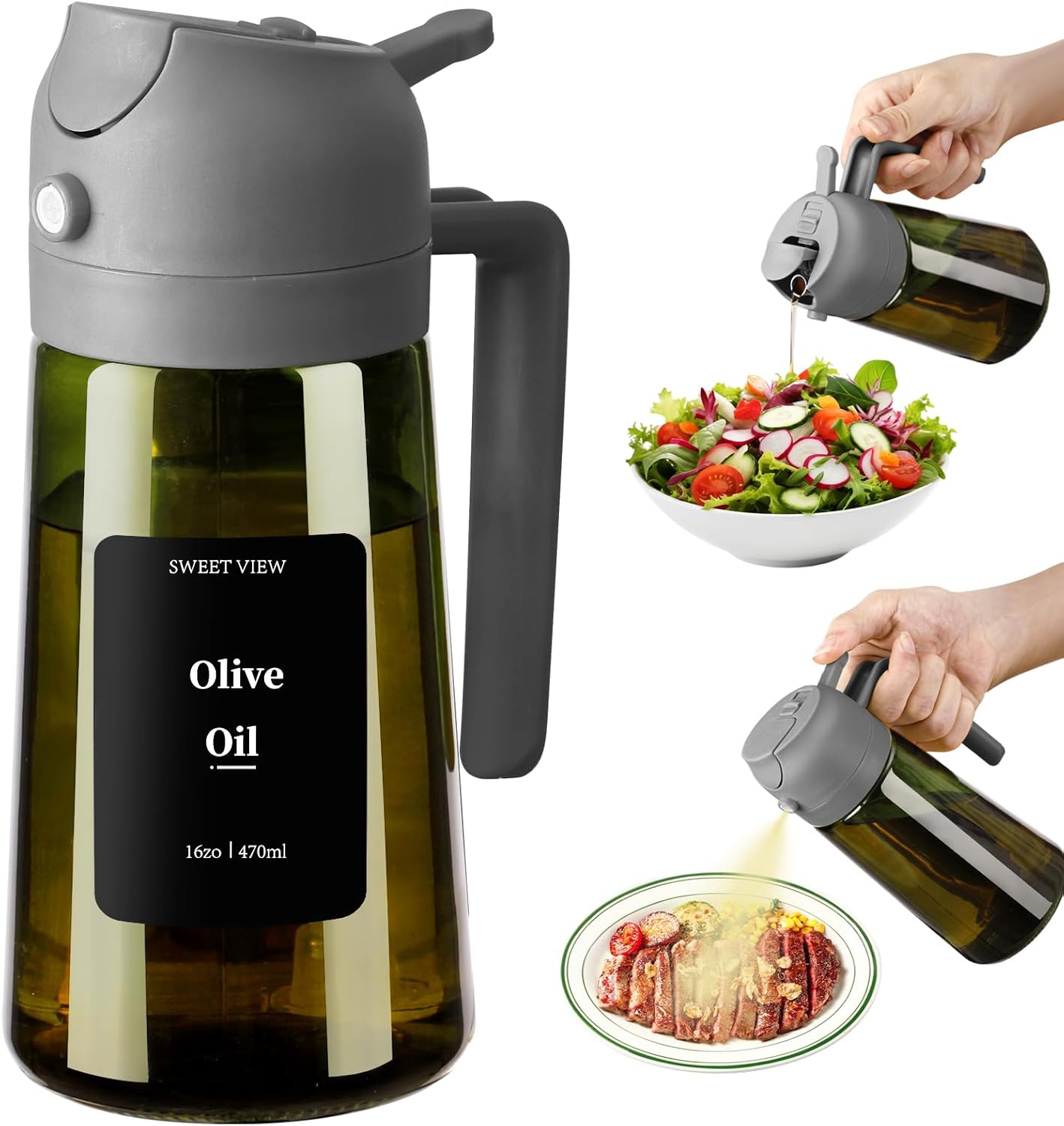 SWEET VIEW Olive Oil Dispenser - 16oz Glass Light-Proof Sprayer for Cooking, Salad & BBQ