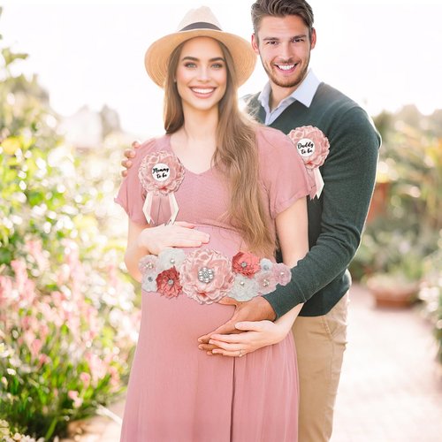 Baby Shower Maternity Sash Belly Belt, Pink Mom to Be Sash Daddy to Be Corsage Pin Baby Shower Decorations for Girl, Pregnancy Photo Props Supplies,Gender Reveal Decorations