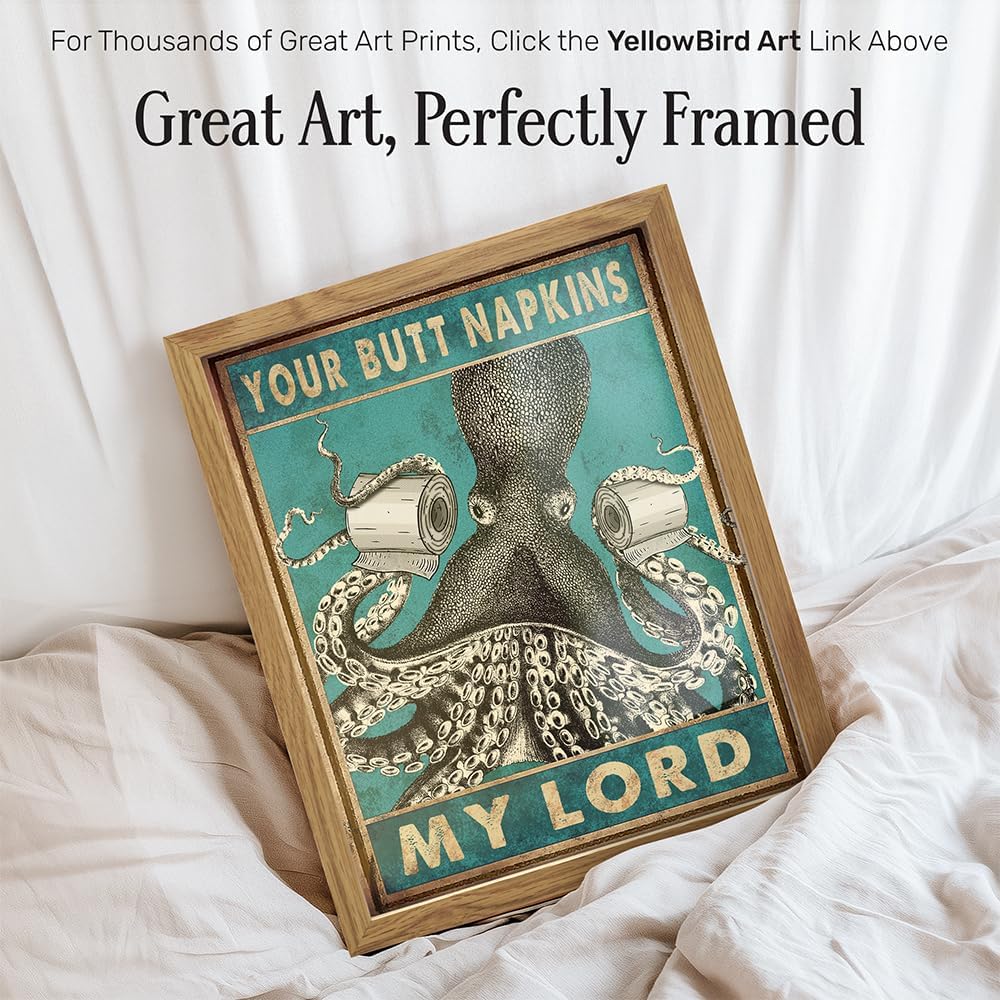 Octopus Nautical Bathroom Decor - Framed Funny Bath Picture | Beach-Themed Wall Art for Guest Bathrooms