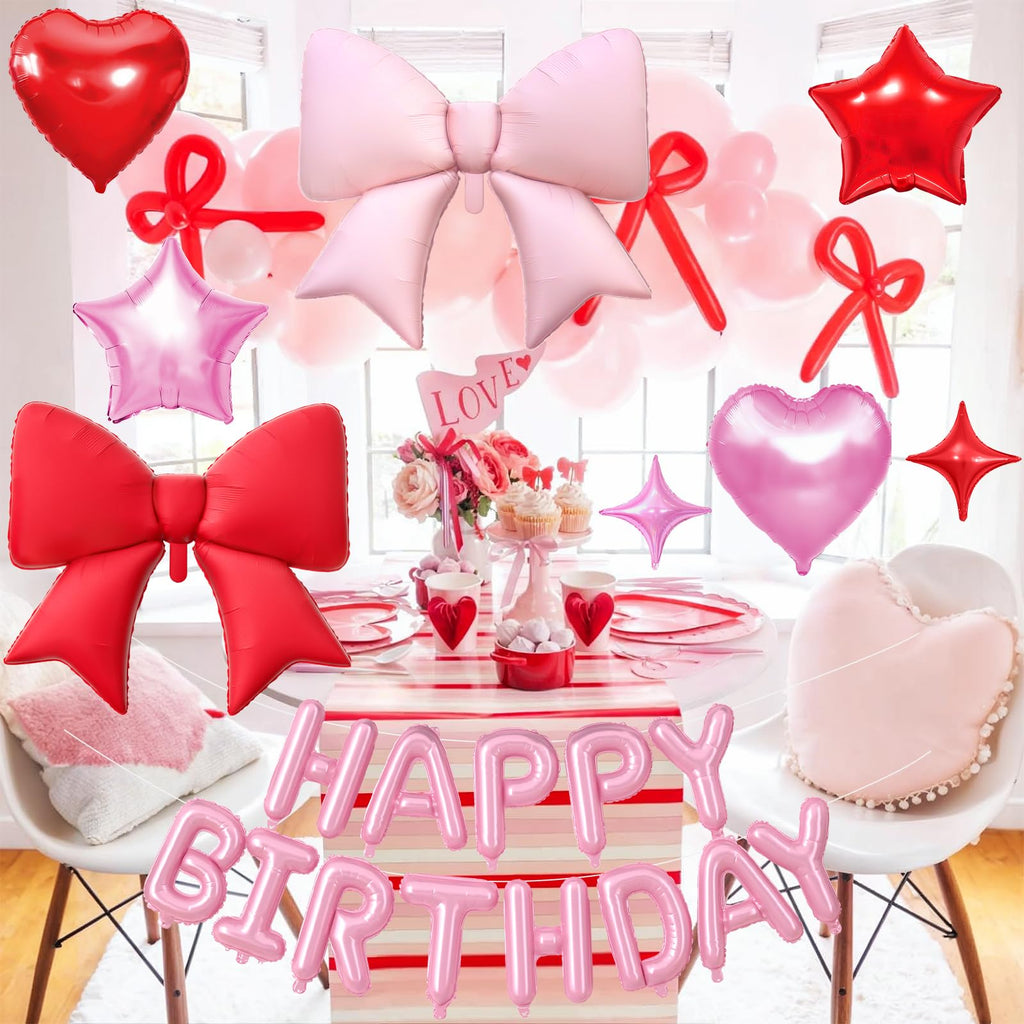 Red Pink Bow Birthday Decorations,38 Inch Helium Pink Red Bow Balloon Happy Birthday Balloons Banner Star Heart Foil Balloons for Women Men Party Supplies