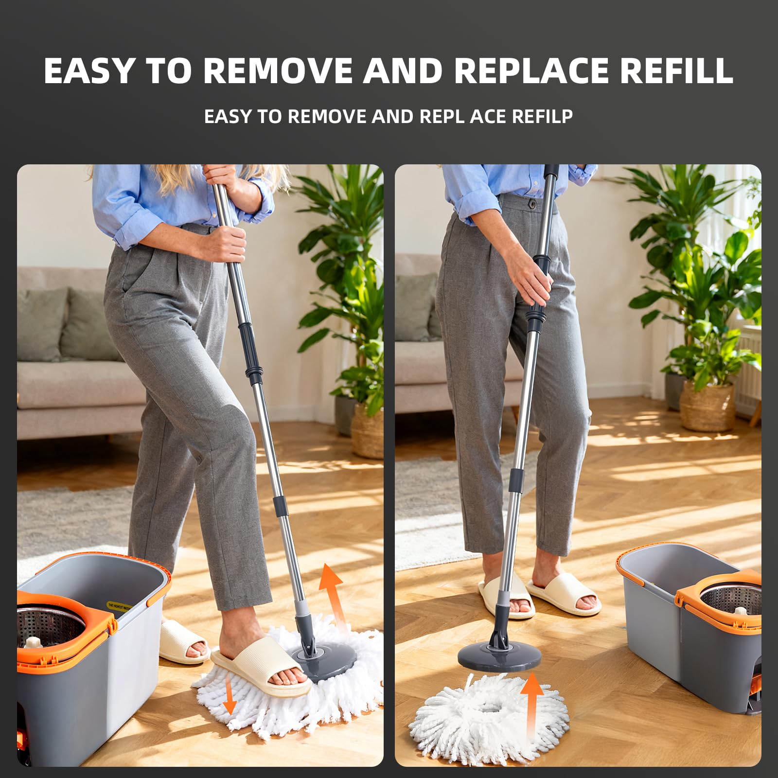 MENSHINE Spin Mop and Bucket Set,Detachable Double Buckets Separate Dirty Water with Stainless Steel Wringer for Floor Cleaning,Cleaning Buckets with 4 Mop Head Replacements for Household Use
