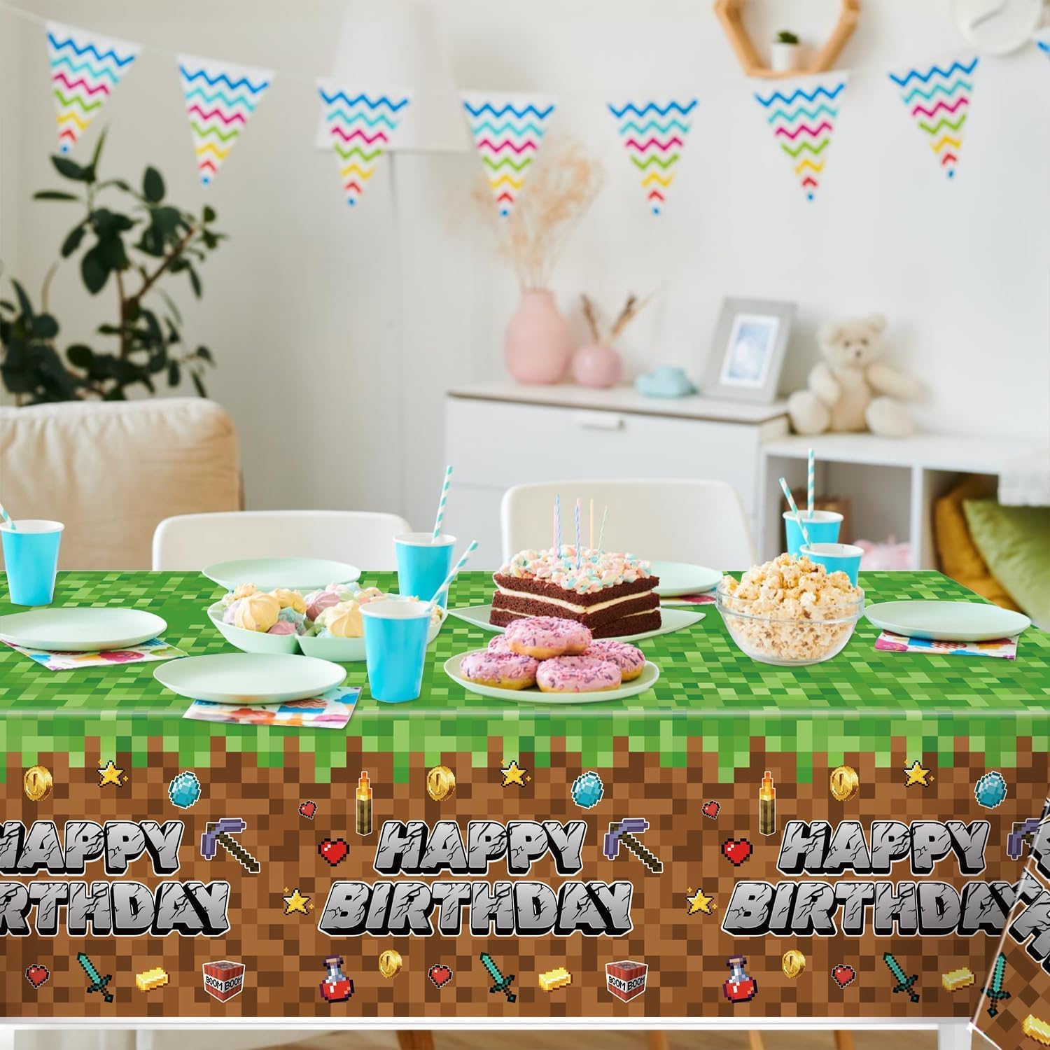 HALUNHL Pixel Birthday Party Decorations Tablecloth, Large 108" X 54" Popular Game Theme Birthday Table Cover for Big Fans, Pixel Party Supplies Table Cloth for Home