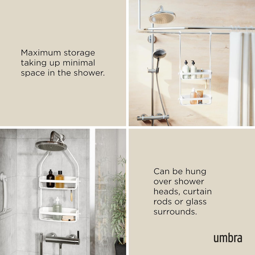 Umbra Flex Shower Caddy - 2-Tier Hanging Organizer with Bathtub Shelf | Stylish White Design