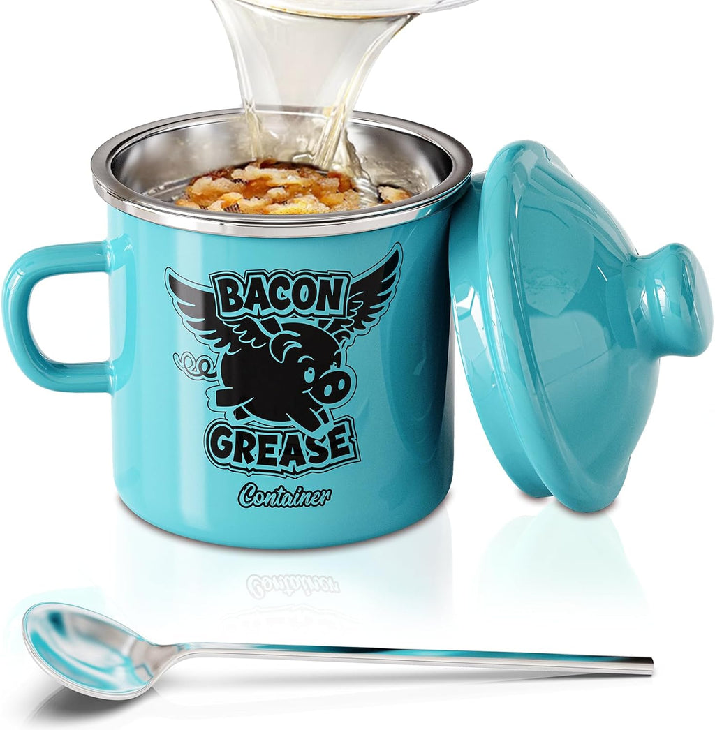 PGYARD Mini Bacon Grease Container - 15oz Enamel Strainer for Farmhouse Kitchen (Light Blue)