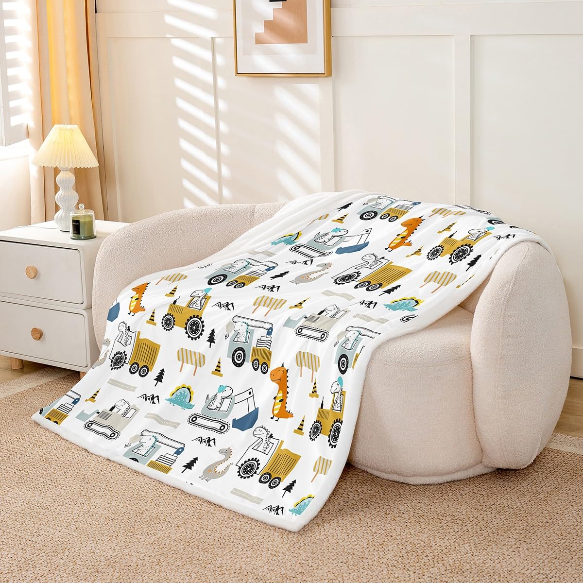 Construction Sherpa Blanket 40"x50" Equipment Trucks Fleece Throw for Kids Boys Girls Decor Dinosaur Plush 3D Digital Print Yellow Fuzzy Bedroom