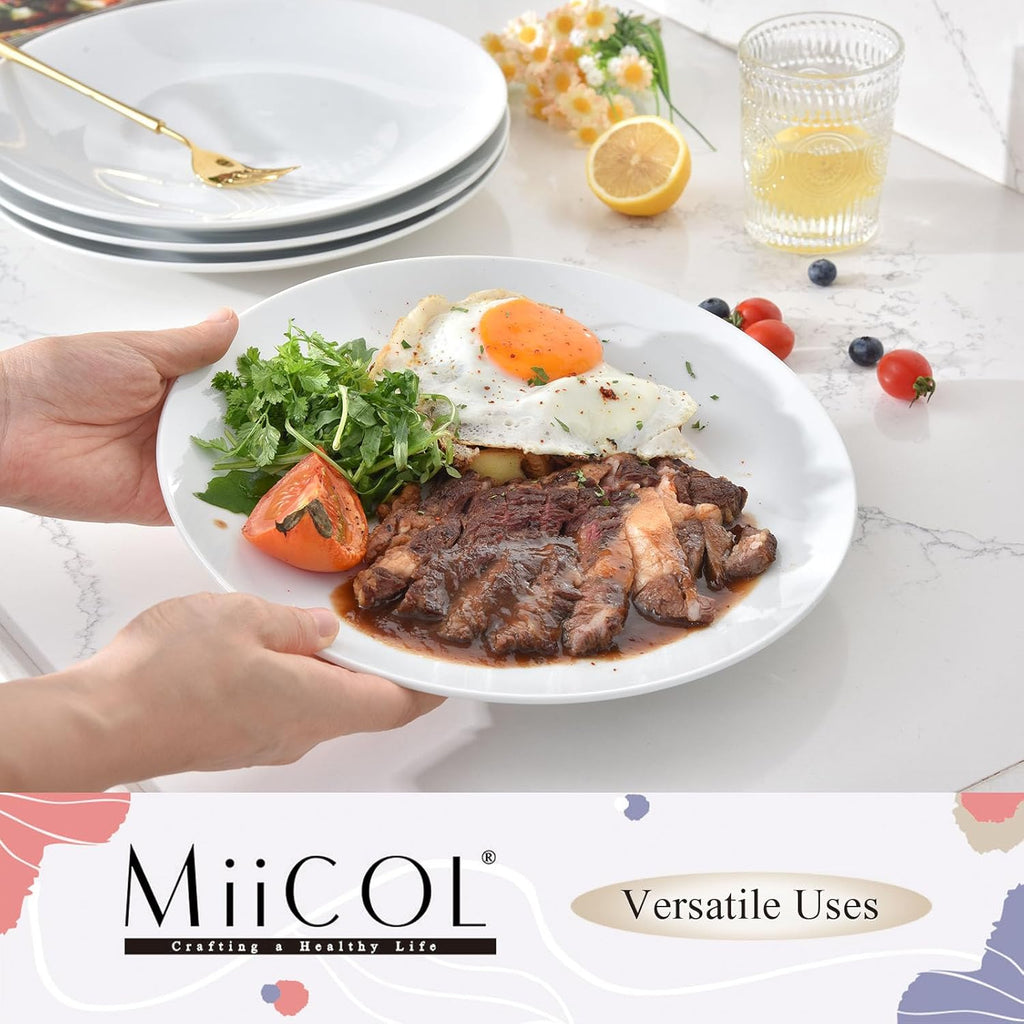 Miicol Ceramic Dinner Plates Set of 4 - Large 10.5-Inch White Porcelain Serving Dishes | Microwave & Dishwasher Safe
