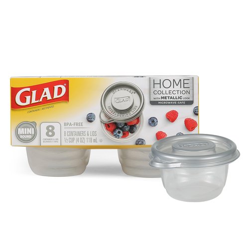 Glad GladWare Home Collection Mini Round Food Storage Containers, Small BPA Free Plastic with Silver Metallic Lid, Snack and Portion Control Containers, Microwave Dishwasher Safe, 4 Oz, 8 Count