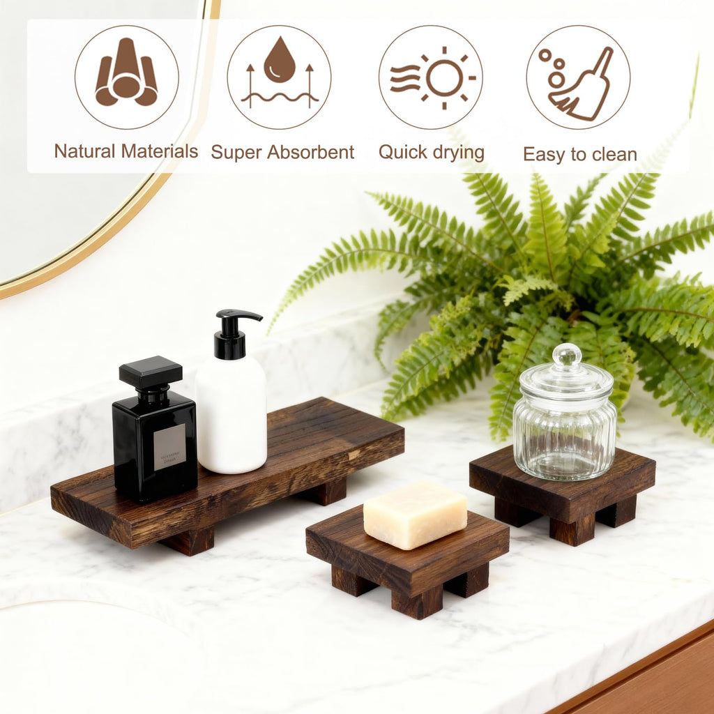 ColoBrethy 3-Piece Waterproof Pine Wood Riser Set Rustic Farmhouse Countertop Organizer for Bathroom Vanity, Perfume, Skincare & Kitchen Spices includes 1 Large (8.7") & 2 Small (3.6") Display Stands