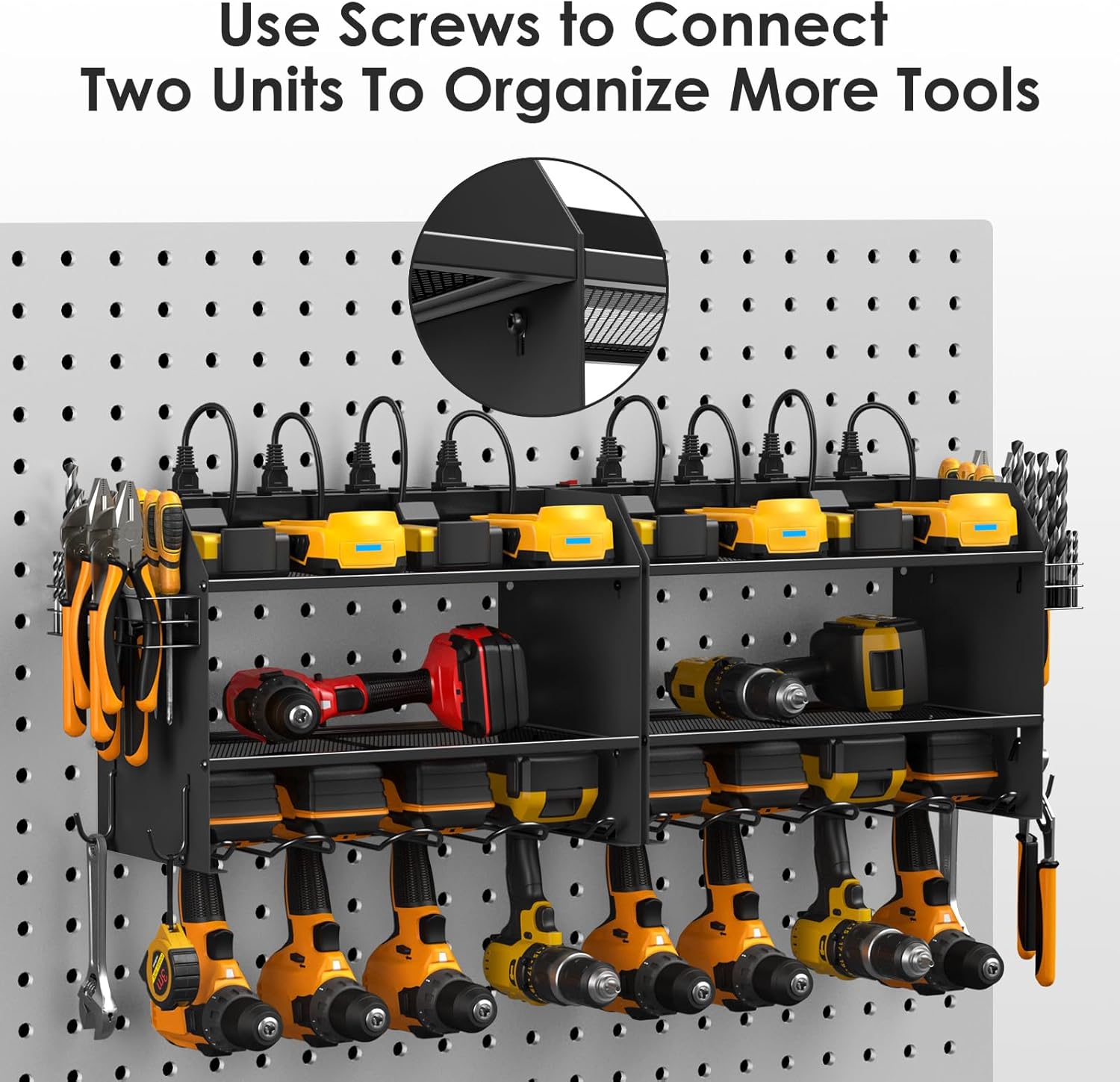 CCCEI Modular Power Tool Organizer - Wall Mount Charging Station with 8 Plug Power Strip | Heavy Duty Black Metal Shelf for 6 Drills & Utility Storage