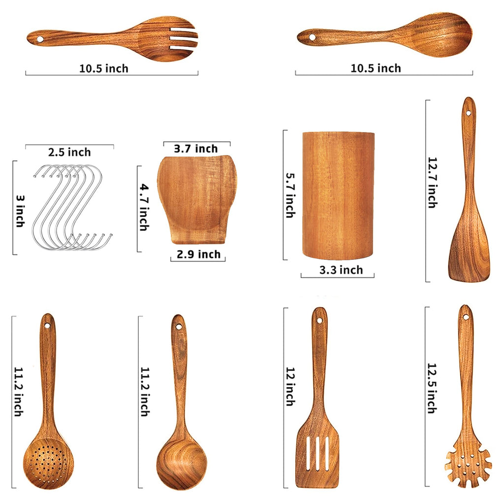 Teak Wooden Spoons for Cooking - 9 Pcs Comfort Grip Kitchen Utensil Set with Holder & Rest