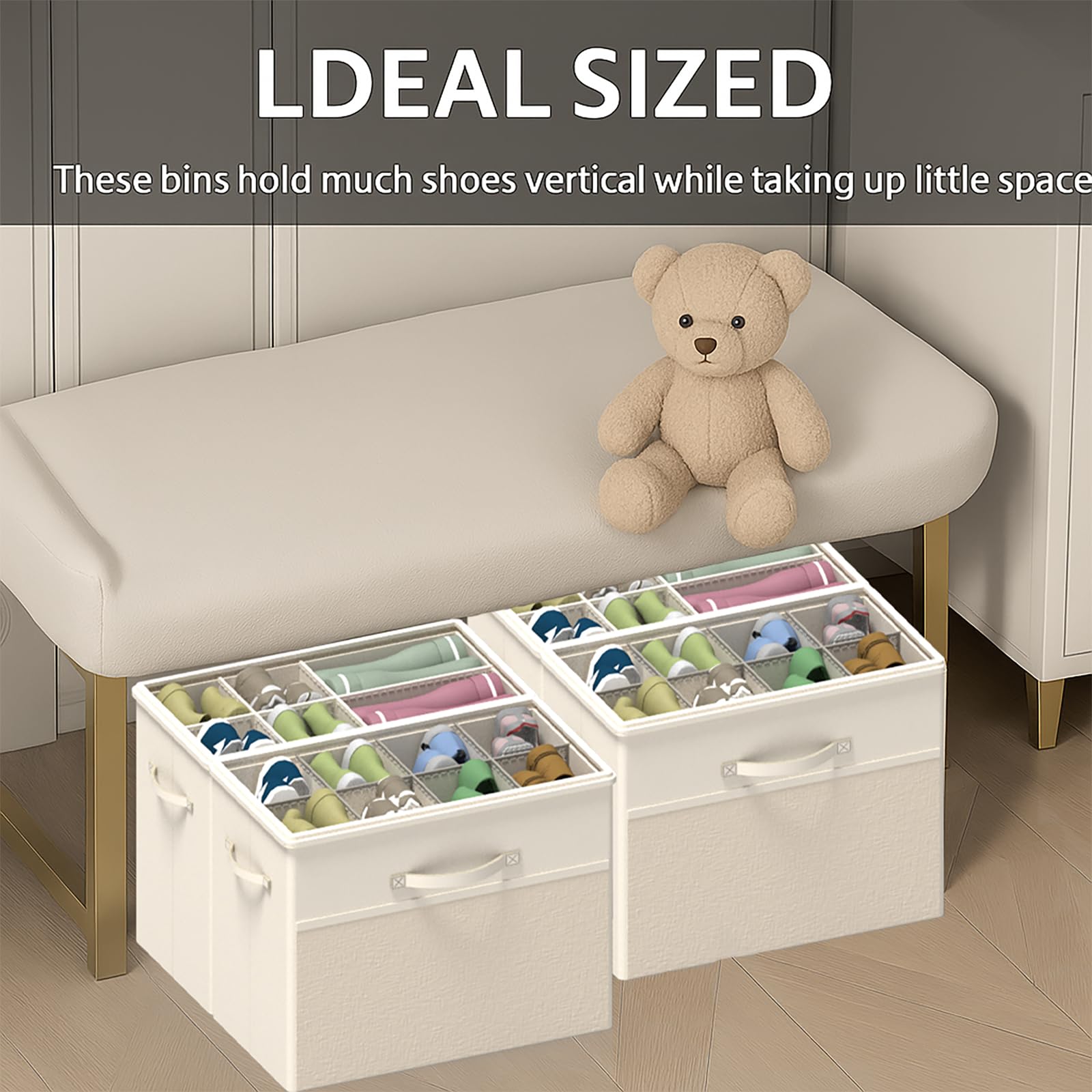 BFLBFL 2 Pack Shoe Organizer for Closet, Clear Foldable Shoe Storage Containers Fits 14 Pairs,Shoe Storage Bins Baskets Boxes with Reinforced Handles Beige Shoes Organize