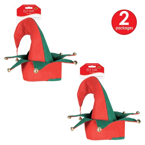 Beistle S20736AZ2 Felt Elf Hat w/Bells 2 Piece, Red/Green