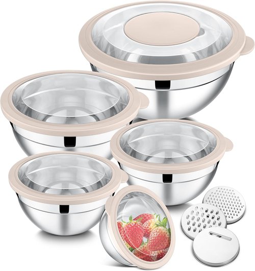 E-far Stainless Steel Mixing Bowls Set of 5 - Transparent Lids & 3 Graters for Kitchen Prep | Khaki
