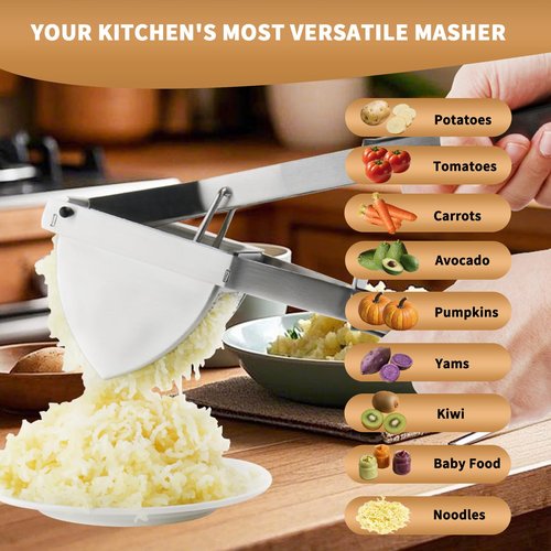 Heavy Duty Potato Ricer, Large 22oz Potato Masher, Stainless Steel Press and Mash Kitchen Gadget for Mashed Potatoes, Spaetzle Maker with Silicone Handle