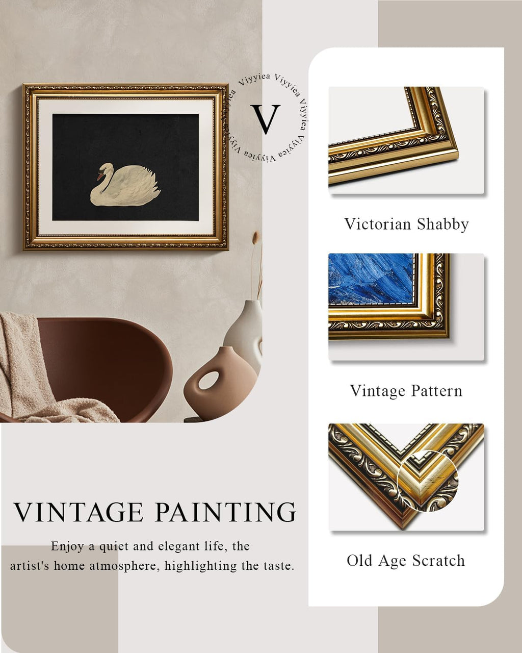 VIYYIEA Gold Framed Wall Art | Elegant Canvas Print Home Decor | Black, 13x16 Inches