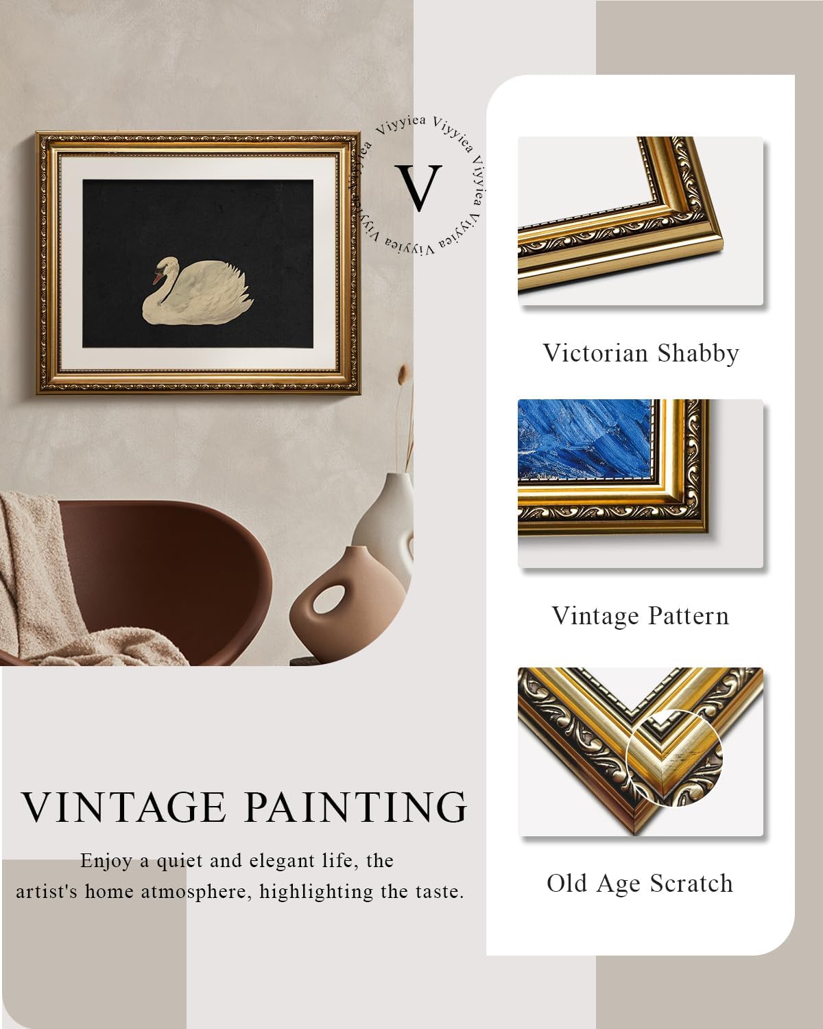 VIYYIEA Gold Framed Wall Art | Elegant Canvas Print Home Decor | Black, 13x16 Inches