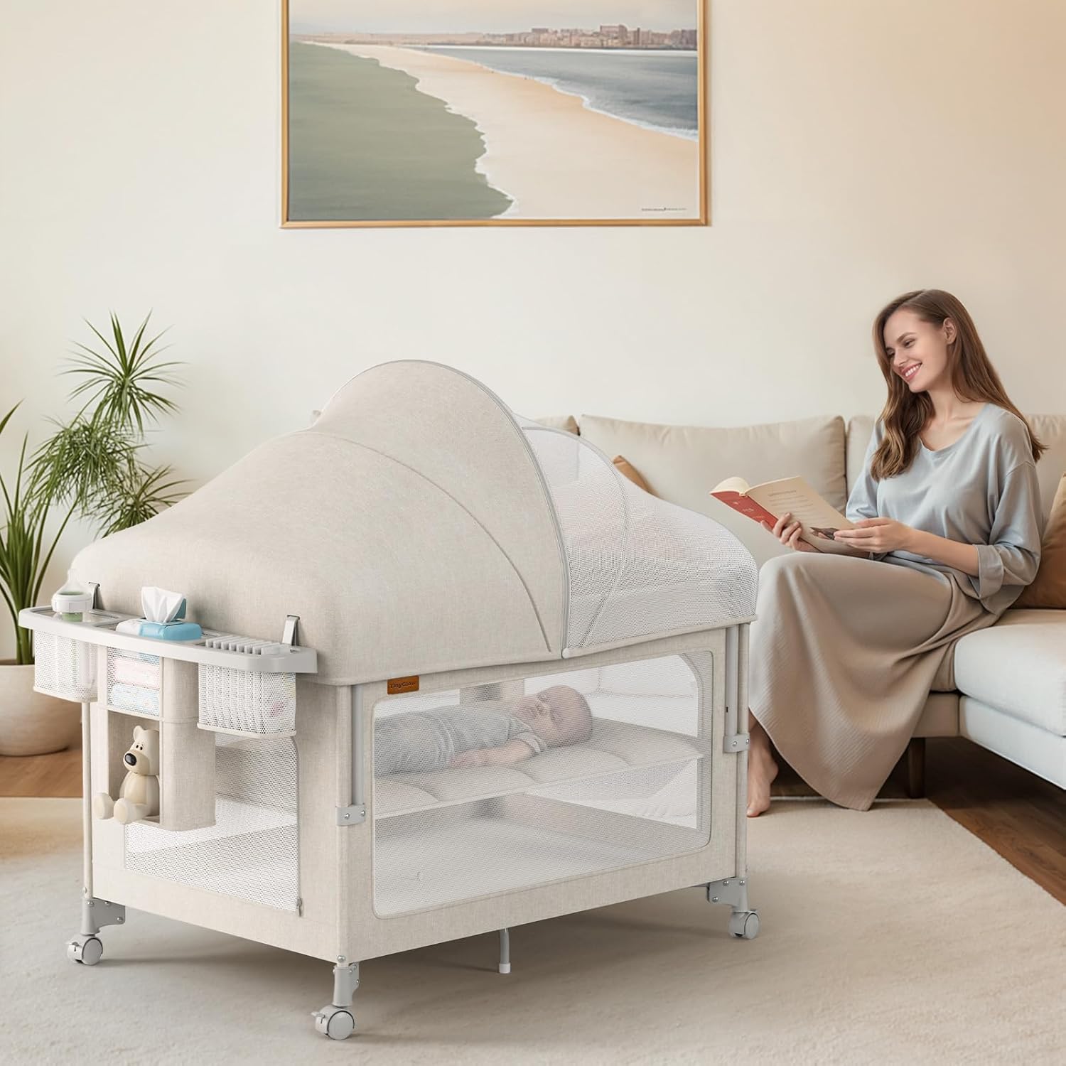 TinyGlow 4-in-1 Baby Bassinet - Portable Crib with Mattress, Mosquito Net & Diaper Changer | Quick Assembly