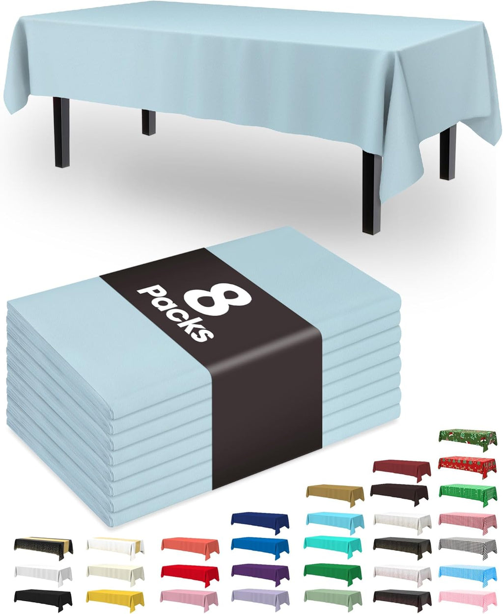 Pureegg Disposable Plastic Tablecloths - 8 Pack, 54 x 108 Inch, Leakproof Baby Blue for Easter & Weddings