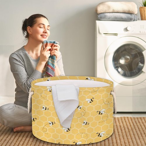 FengQuGou Cute Yellow Bee Large Storage Basket Honeycomb Bee Round Laundry Basket with Handle Organization Collapsible Storage Bins Box Hamper for Kids Toy Clothes Nursery Bedroom Living Room Decor