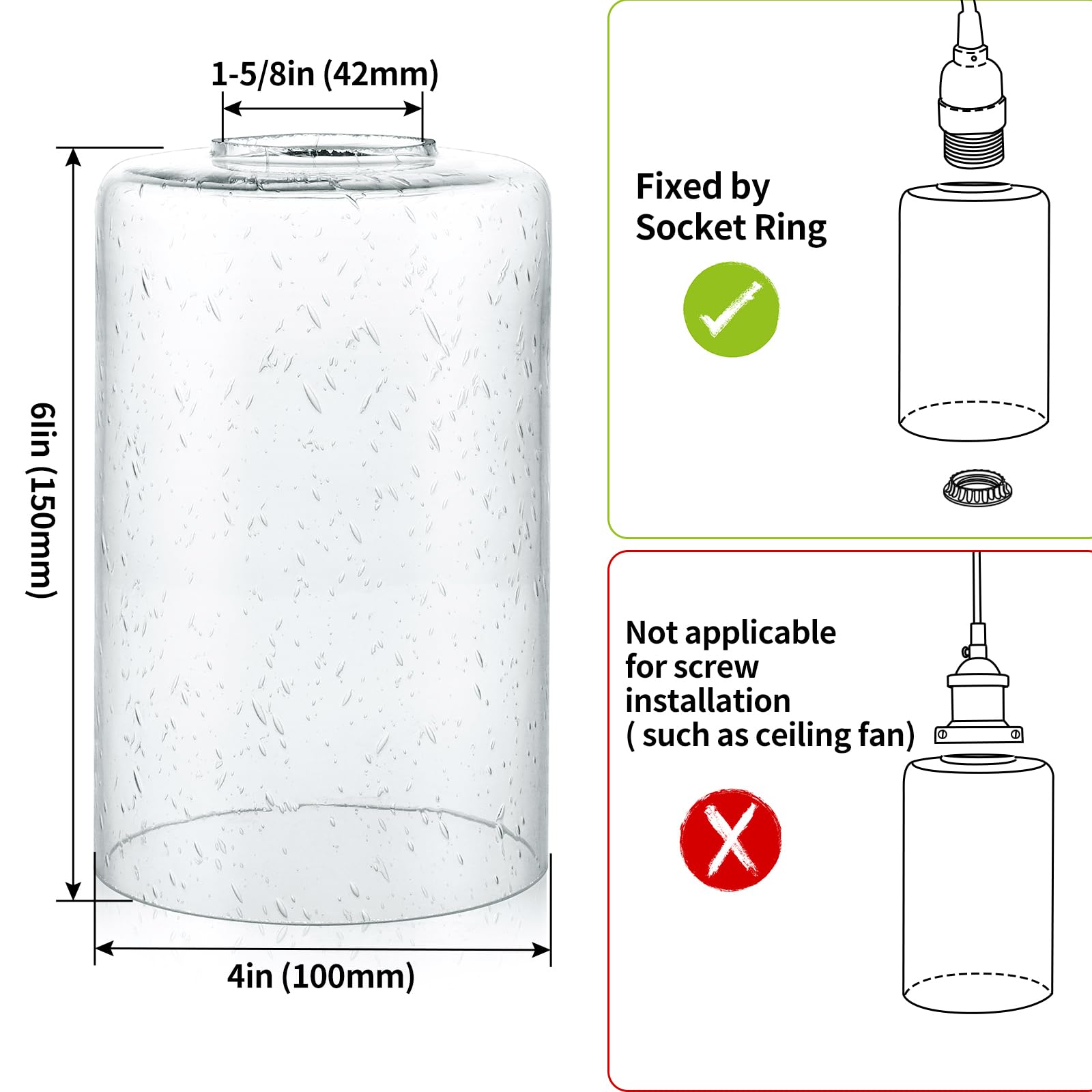 Skelang Seeded Lip-less Glass Lamp Shade, Cylindrical Light Cover with Fitter Opening, Replacement for Chandelier, Pendant, Bathroom Vanity Light
