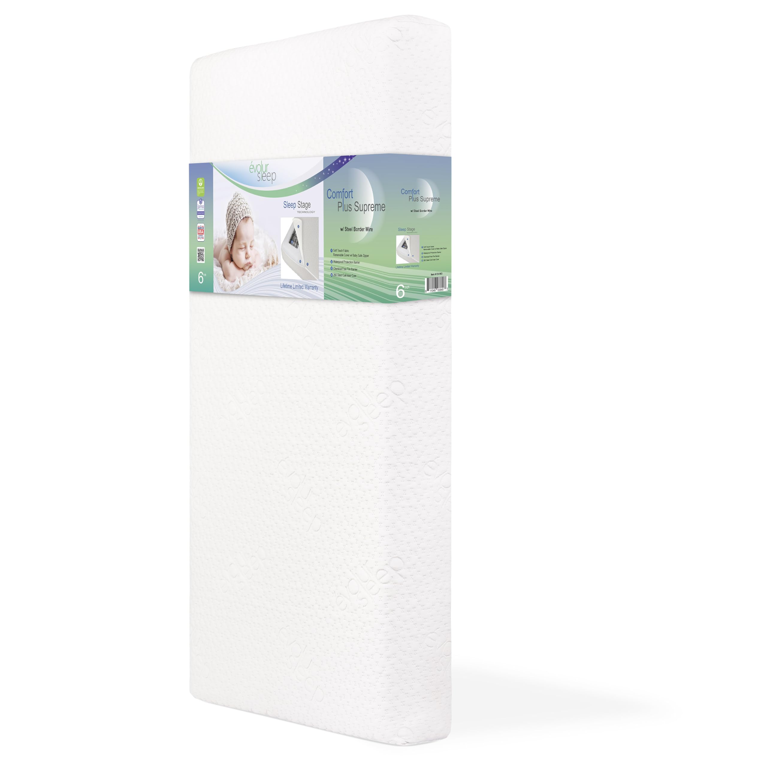 Evolur Comfort Balance Plus Supreme 260 Coil Inner Spring Crib & Toddler Mattress, Waterproof, Green Guard Gold Certified, Removable Cover, White, Crib