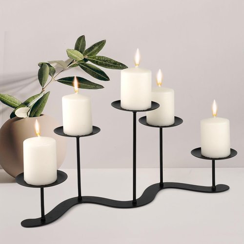 Black Iron Candelabra Candle Holder - Elegant 5 Arm Metal Centerpiece for Pillar Candles