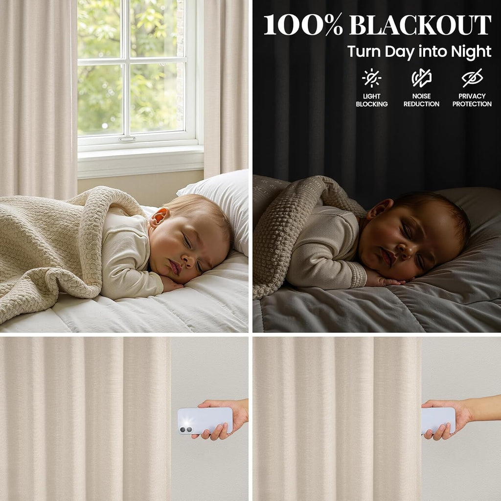Topfinel Oatmeal Blackout Curtains - 84 Inch Long Pinch Pleated Drapes | Energy-Efficient Flax Linen, 2 Panels Set