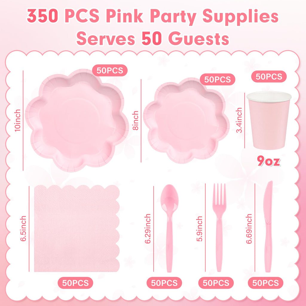 350 Pcs Pink Paper Plates and Napkins Set, Tableware Set for 50 Guests Include Disposable Pink Scalloped Plates, Napkins, Cups, Knives, Forks & Spoon for Baby Shower Mother's Day Wedding Birthday