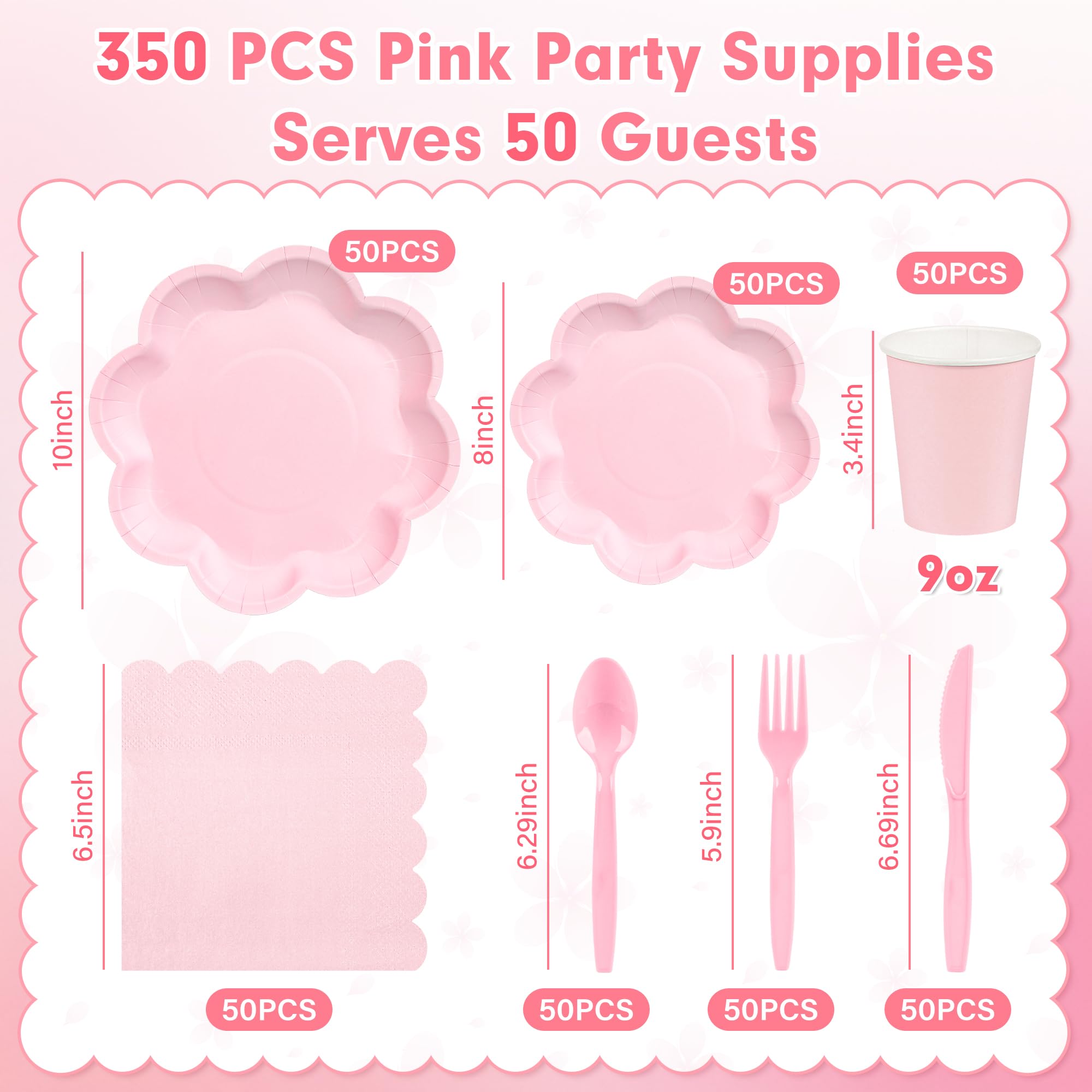 350 Pcs Pink Paper Plates and Napkins Set, Tableware Set for 50 Guests Include Disposable Pink Scalloped Plates, Napkins, Cups, Knives, Forks & Spoon for Baby Shower Mother's Day Wedding Birthday