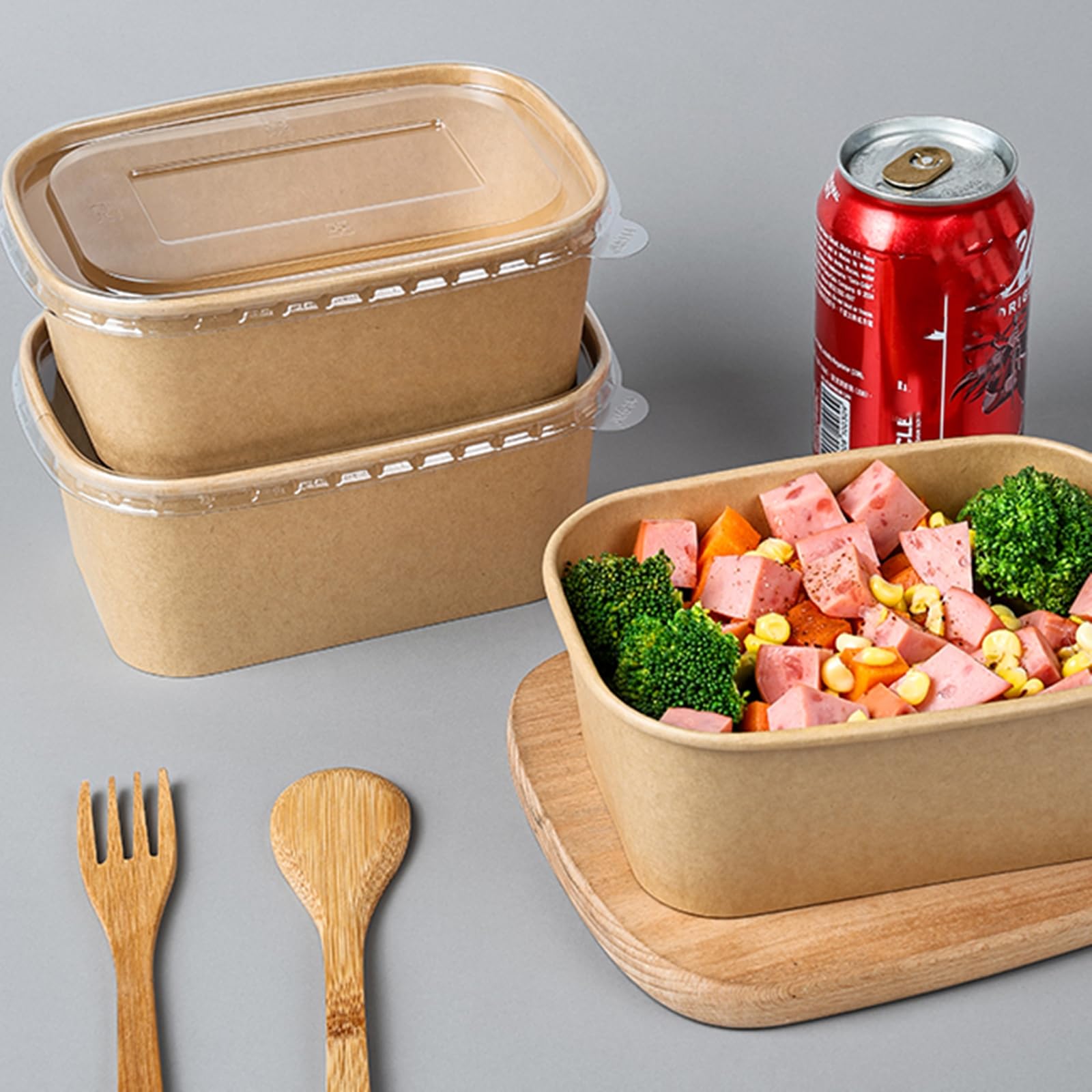 LyyGuanYoo 50 Pack Disposable Kraft Paper Bowls with Lids, 33 OZ Meal Prep Container, Microwave Freezer Safe Salad Bowls with Forks for Hot/Cold Food, Soup, Ice Cream, Takeout, Party Supplies