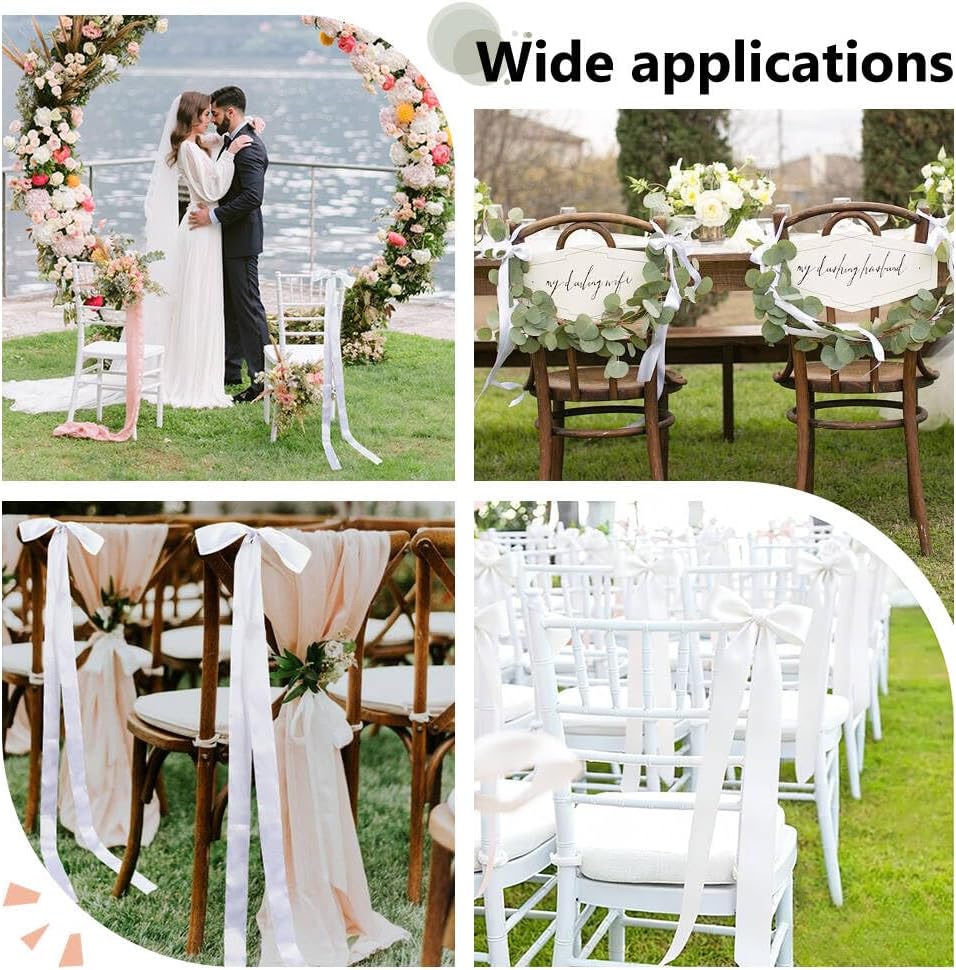 OLYCRAFT Large Ivory Satin Wedding Ribbon Bows - 50Pcs Chair Decorations for Bridal Showers & Ceremonies | 9.8 x 45.3 Inch