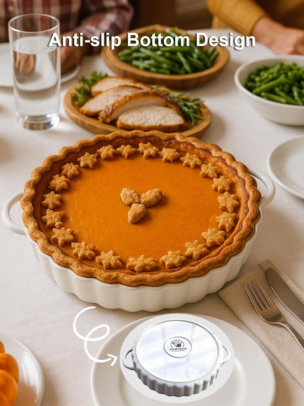 Skiennix Deep Ceramic Pie Pan - 10x2 Inch with Easy Grip Handles | Lead-Free, Oven Safe for Baking