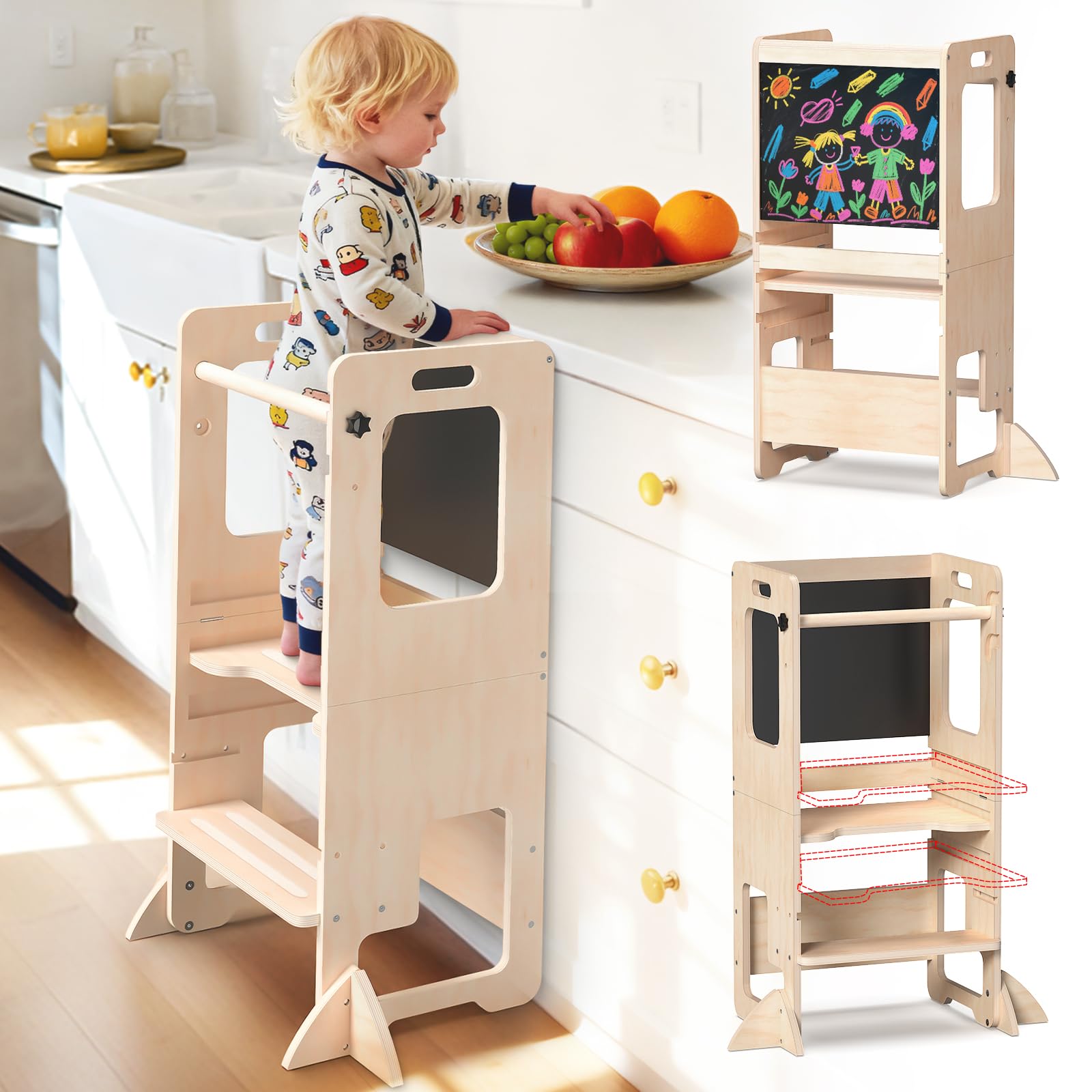 WORLDMX Toddler Kitchen Step Stool, Adjustable Height Learning Standing Tower with Blackboard, Wooden Kitchen Stool Helper for Kids, 1-3 Year Old Boy Girl Gifts