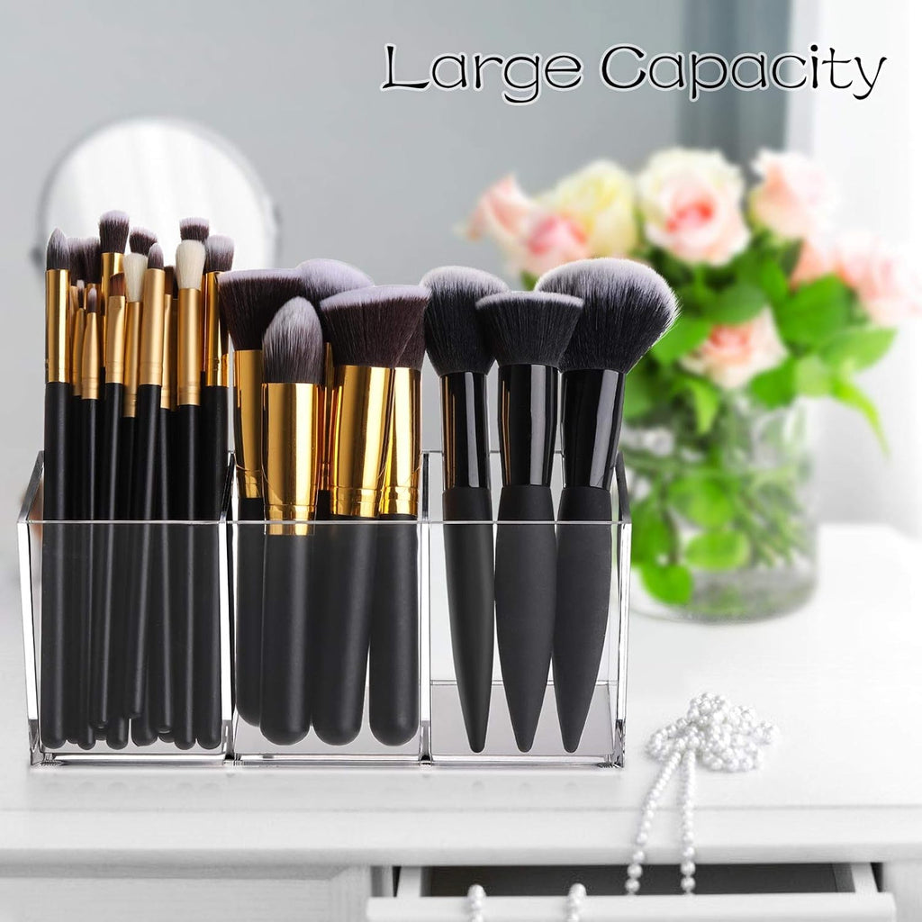 Tbestmax Makeup Brush Holder - Clear Organizer with 3 Slots for Vanity Storage