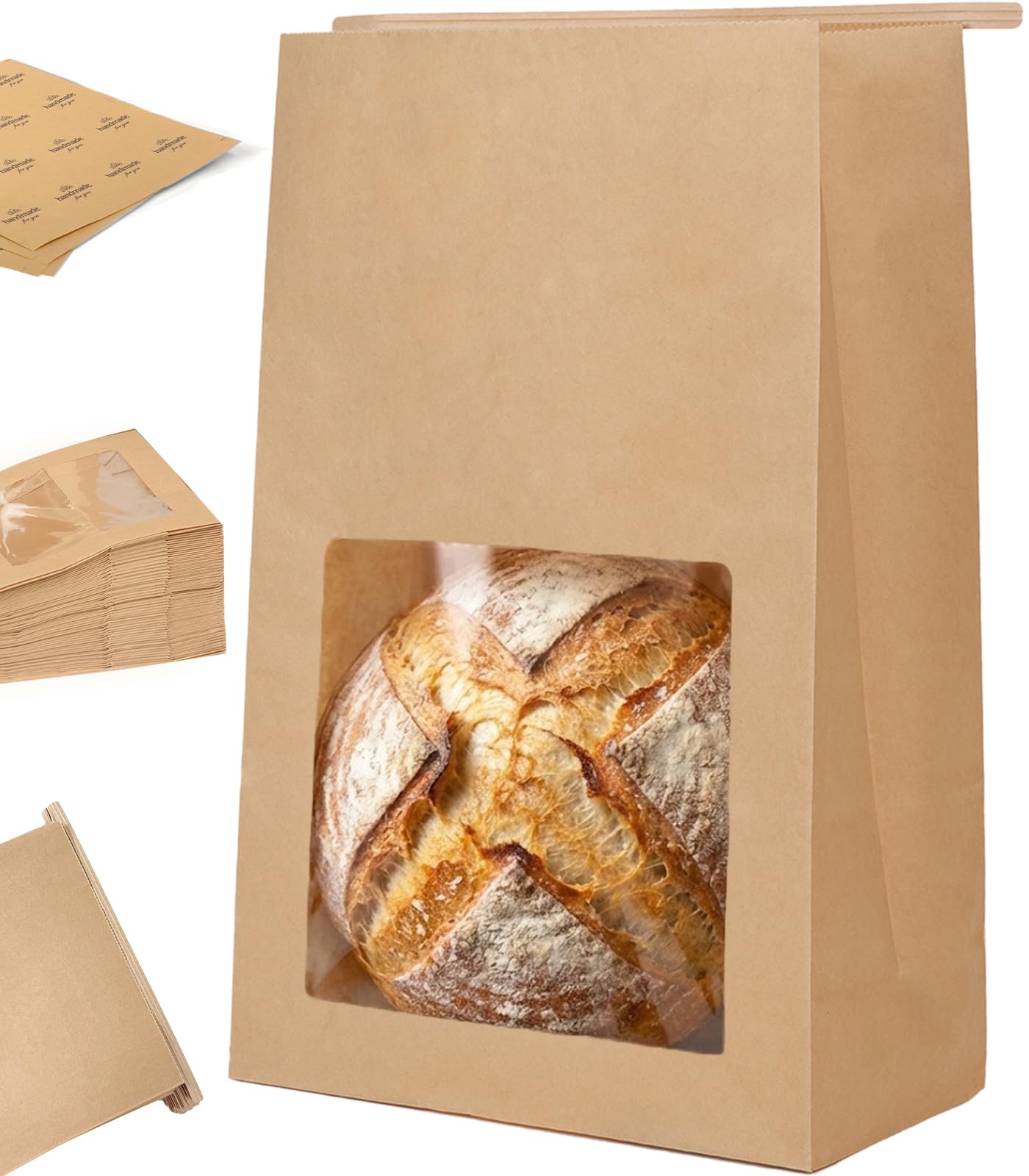 Perenllareta 50 Pack Heavy Duty Sourdough Paper Bags Resealable with Window for Round Loaf Selling | Large Thick Kraft Brown Bags for Homemade Bread Gift Giving Sour Dough Packaging 13.6x8.3x4.1in