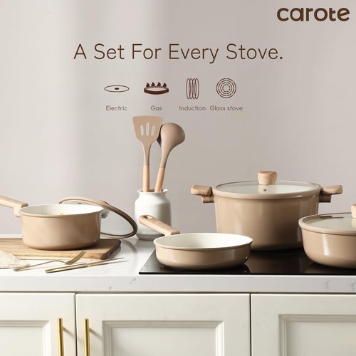 CAROTE 12Pcs Ceramic Pots and Pans Set Non Stick, Healthy Cookware Set, PFAS/PFOA Free, Kitchen Cooking Set with Frying Pans, Taupe