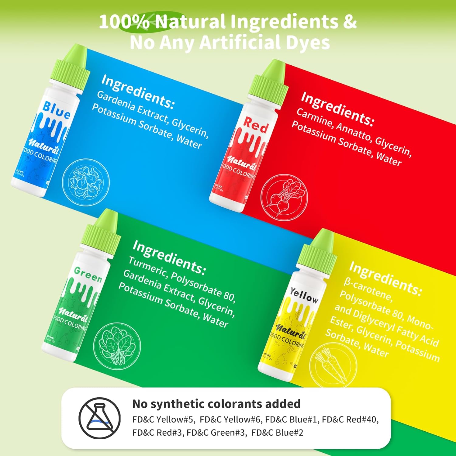 Natural Food Coloring | FD&C & Artificial Dye-Free Formula - 4 Natural Food Dyes for Baking & Decorating - 0.35 Fl. Oz (10 ml) Bottles