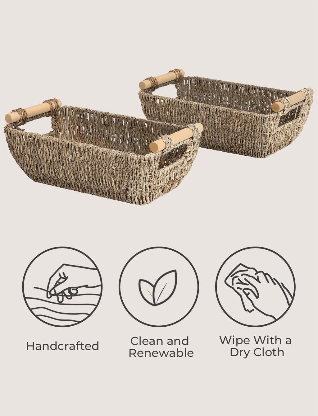 StorageWorks Small Seagrass Baskets - Woven Design with Wooden Handles | 2-Pack for Organizing Gifts