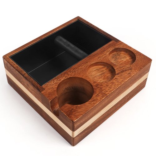 Kmise Natural Walnut Espresso Accessories Organizer Box Fits Espresso Distributor,Tamping Station Base,Tamper Holder-1.5L Coffee Grounds Box (58MM)
