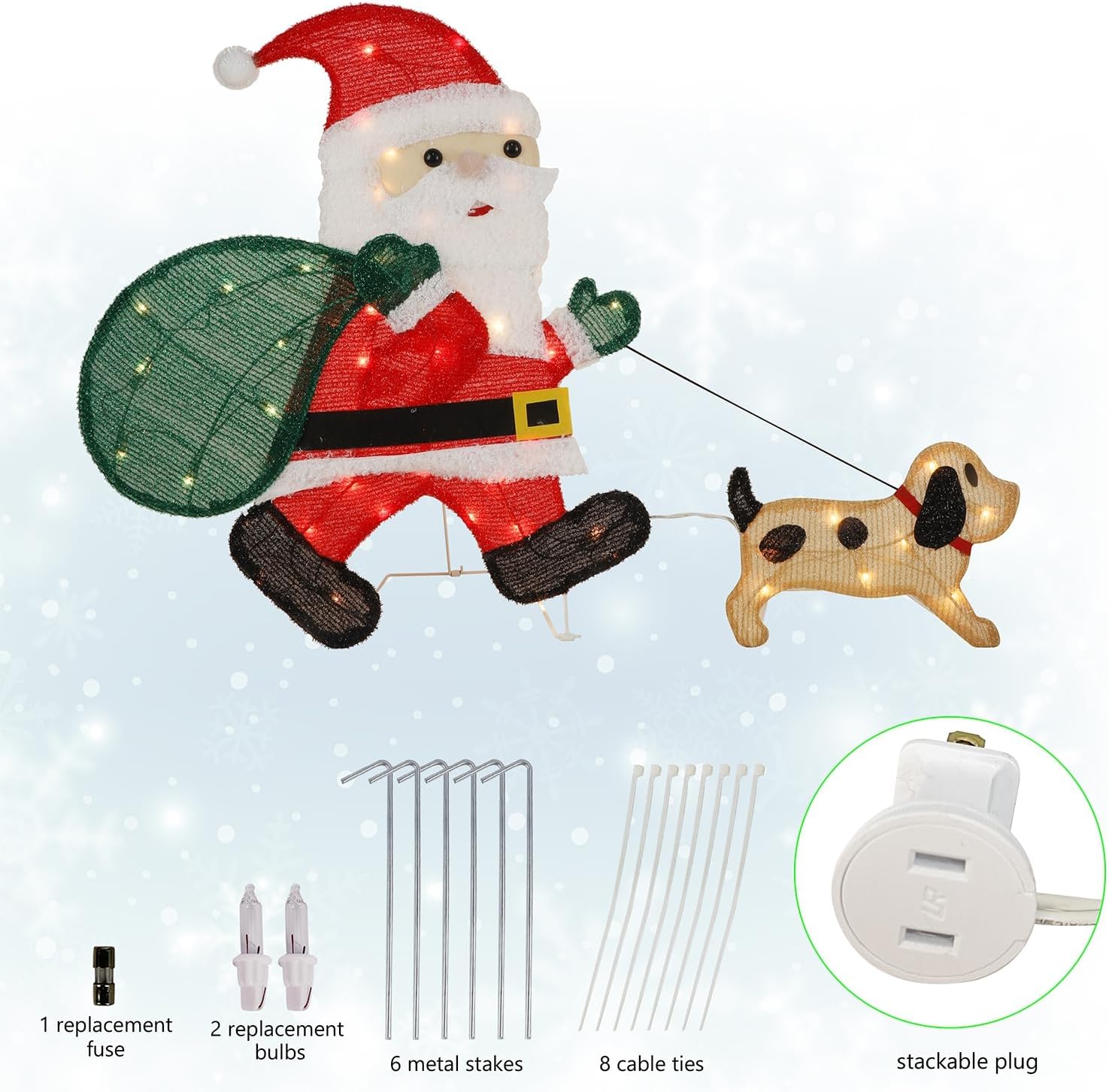 Waterglide Lighted Christmas Santa Claus with Puppy - 26.5 Inch Pre-Lit 2D Tinsel Outdoor Yard Decor